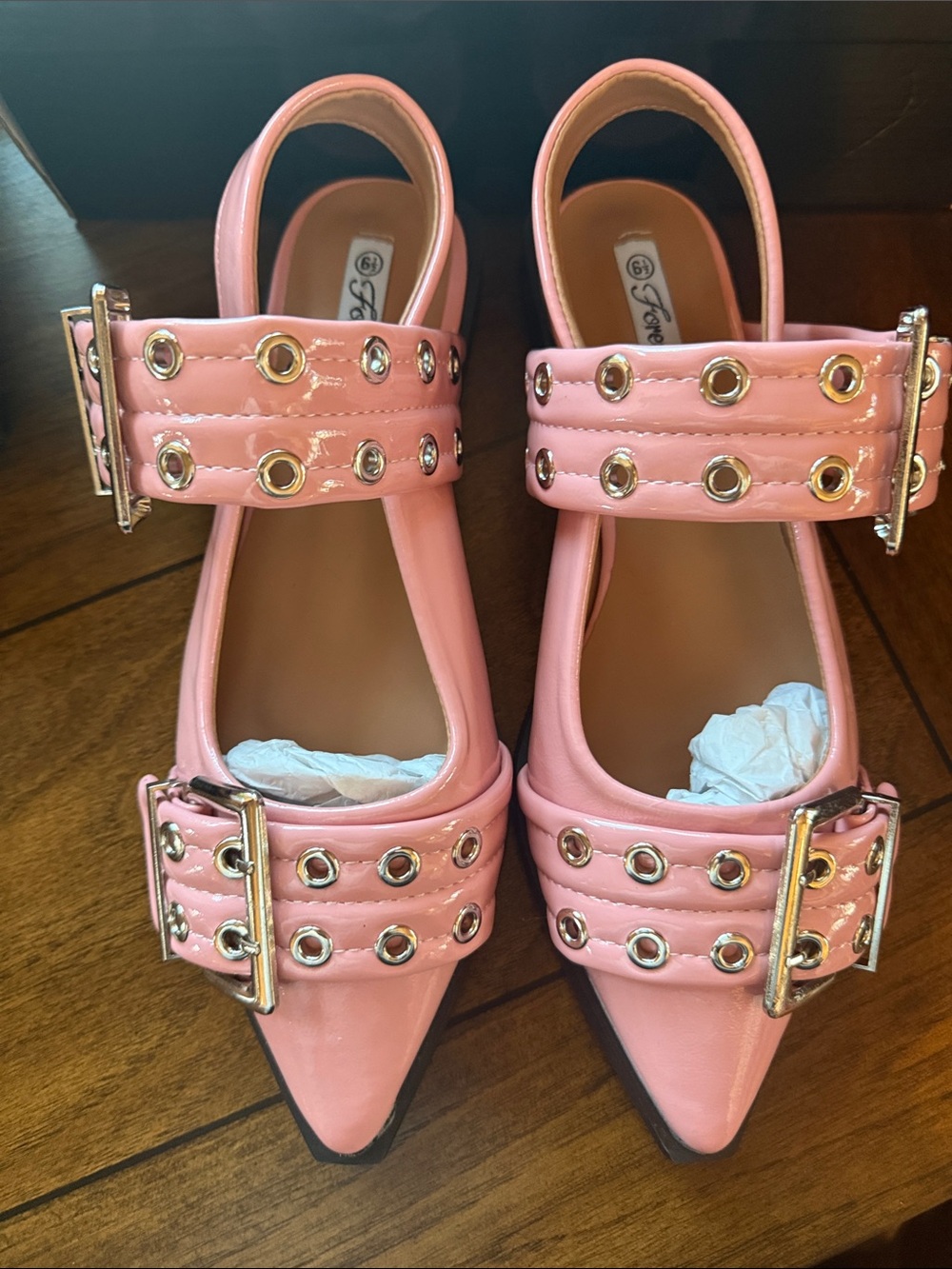 Forever Link Pink Patent Pointed-Toe Slingback Flats with Gold Grommets